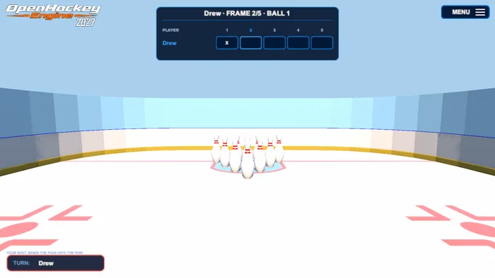 Bowling mode with ten pins racked on the crease, a frame score sheet, and the player's turn shown.