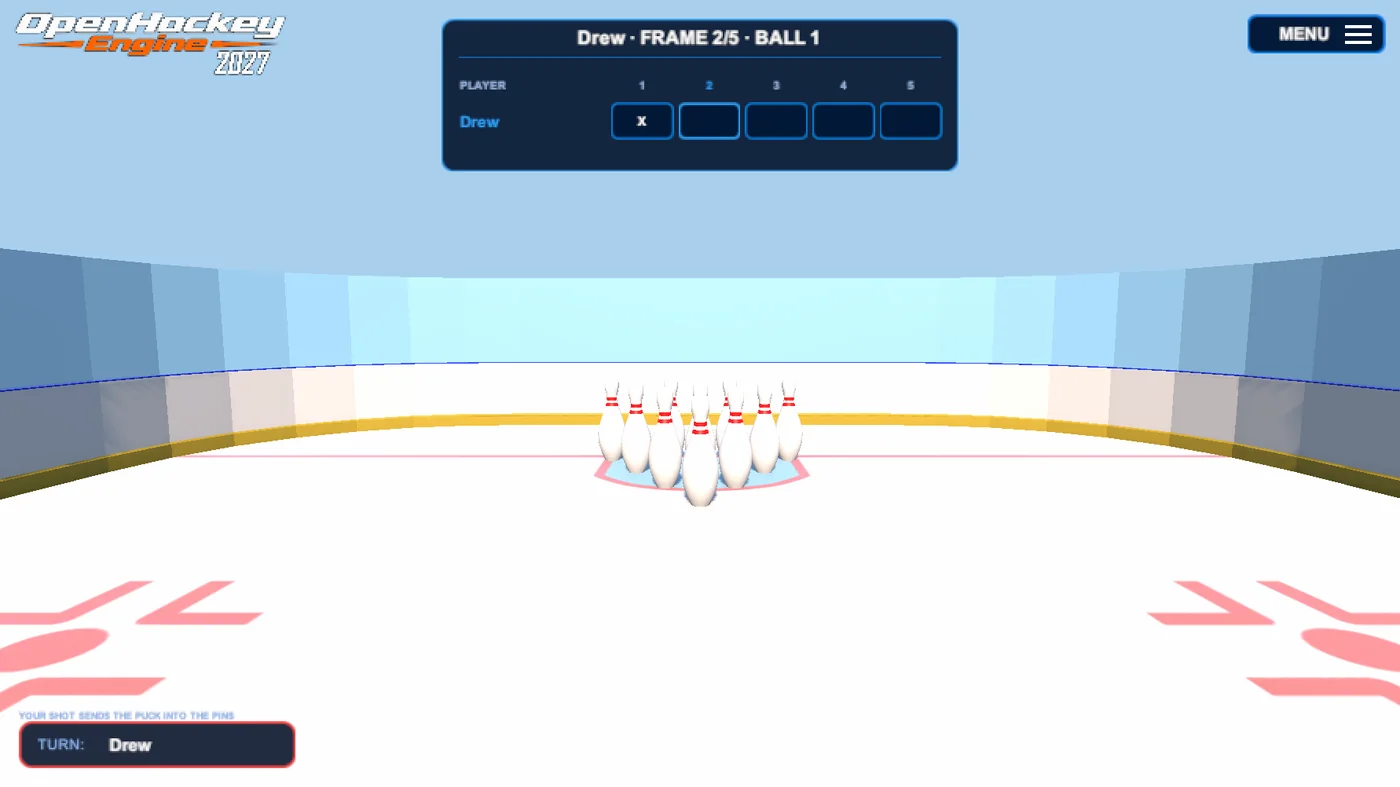 Bowling mode with a full rack of ten pins on the crease, a frame score sheet above the net, and turn pill reading Drew.