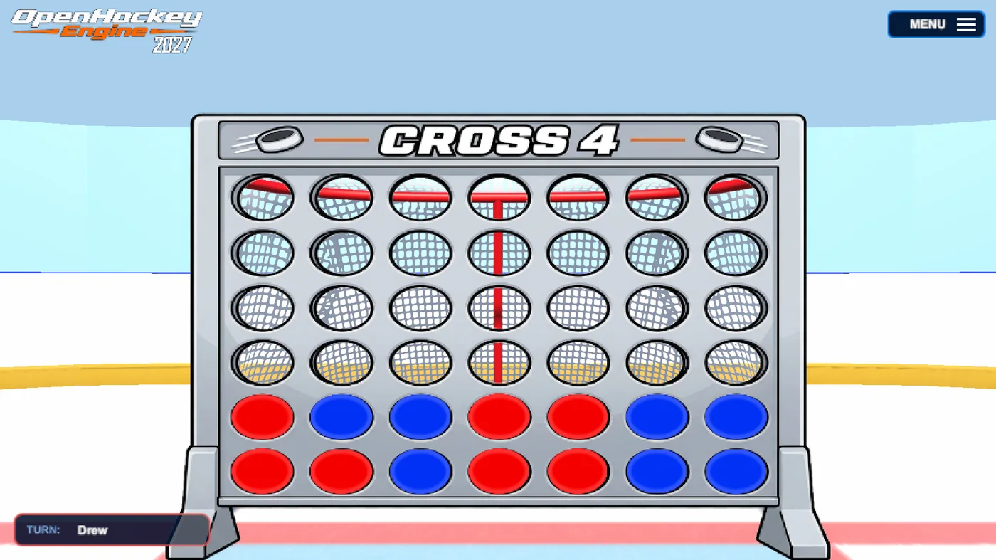 Cross 4 four-in-a-row board standing on the ice, with red and blue discs filling the lower rows and a turn pill reading Drew.