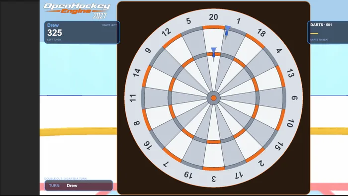 Darts 501 with the light bristle board on the wall, darts stuck in the top, and the score panel beside it.