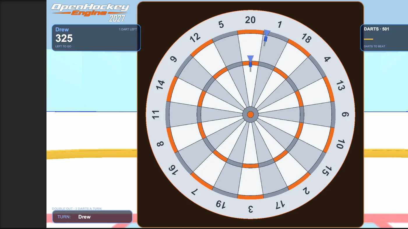 Darts 501 with the light bristle board on the wall, two darts stuck in the top sector, and the score panel reading 325 left to go.