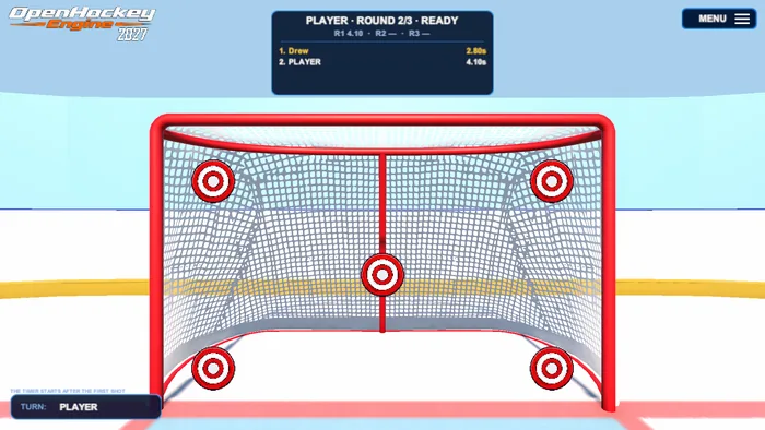Fastest Shot mid-match with five targets in the net and a scoreboard showing each player's round times.