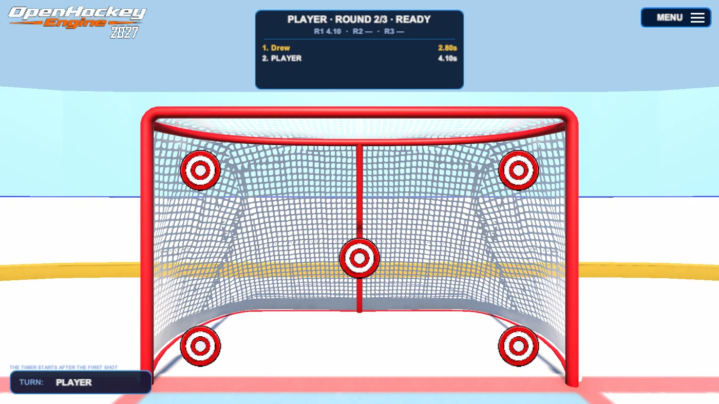 Fastest Shot mid-match with five bullseye targets in the net and a scoreboard showing two players, three rounds, and their best times.