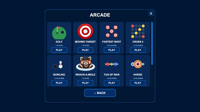 The arcade tile menu with nine playable games: Golf leads the grid, followed by Moving Target, Fastest Shot, Cross 4, Bowling, Whack-a-Mole, Tug of War, and Horse, with Darts below the fold.