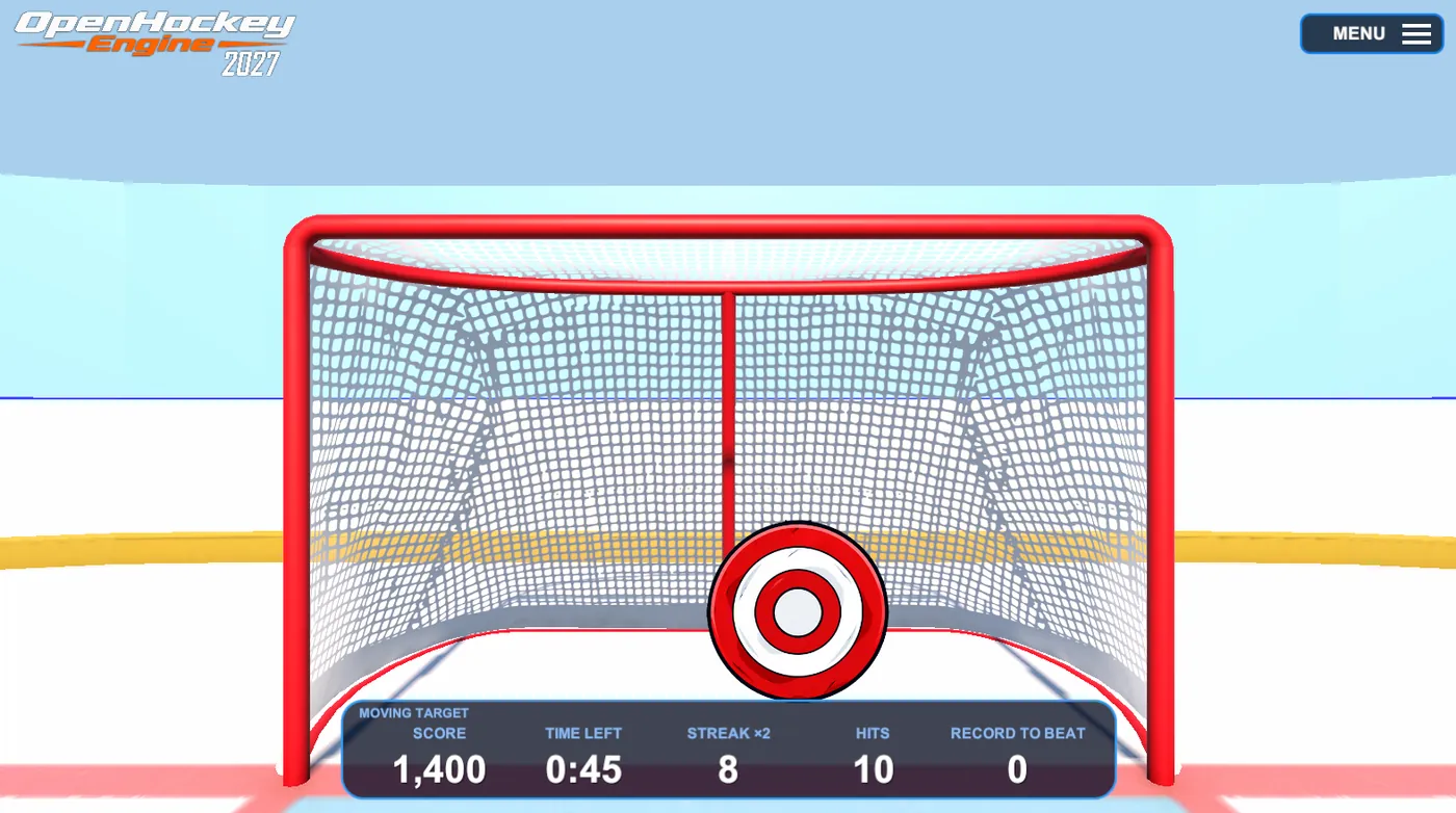 Moving Target mode showing a bullseye target in the net with a scoring HUD reading 1,400 points, 45 seconds left, and a streak multiplier of 8.