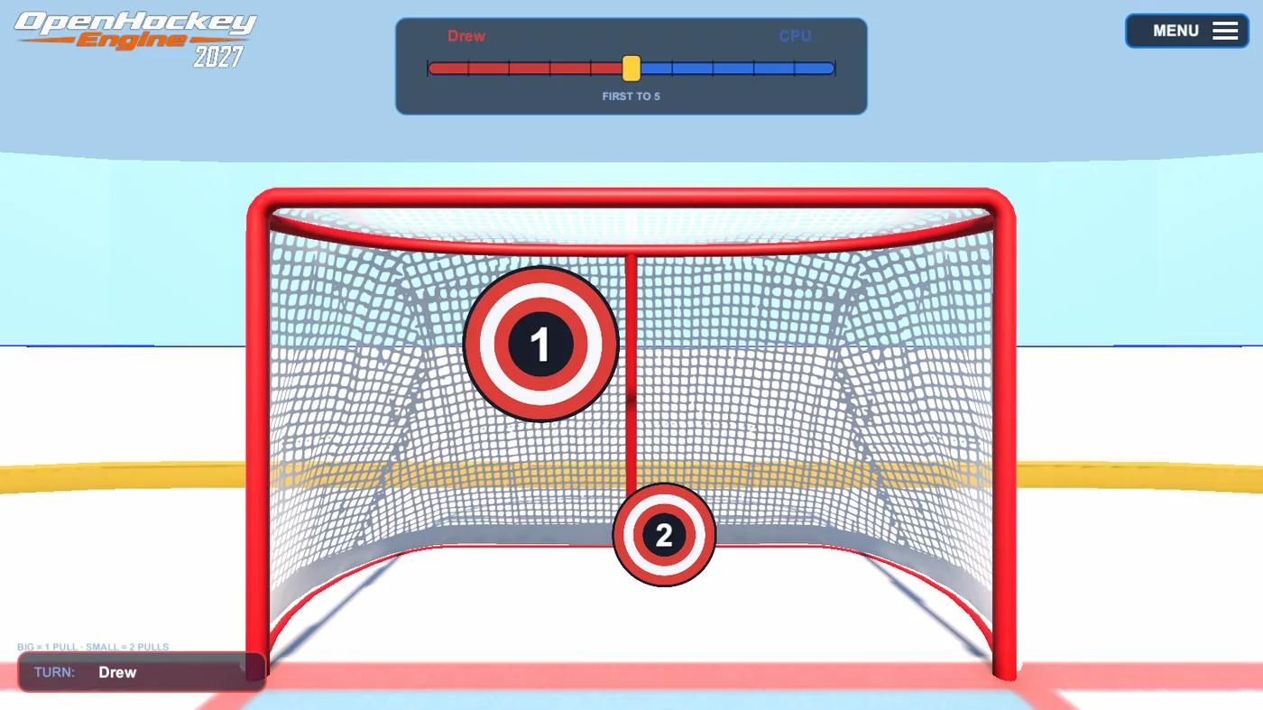 Tug of War with the rope panel above the net reading first to 5, and two red bullseye targets marked 1 and 2 waiting for the shot.