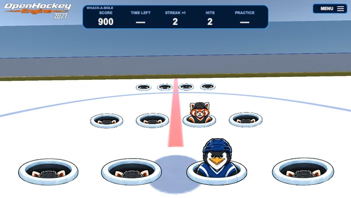 Whack-a-Mole with twelve holes on the ice, mascots popped up, and a score and streak above the net.