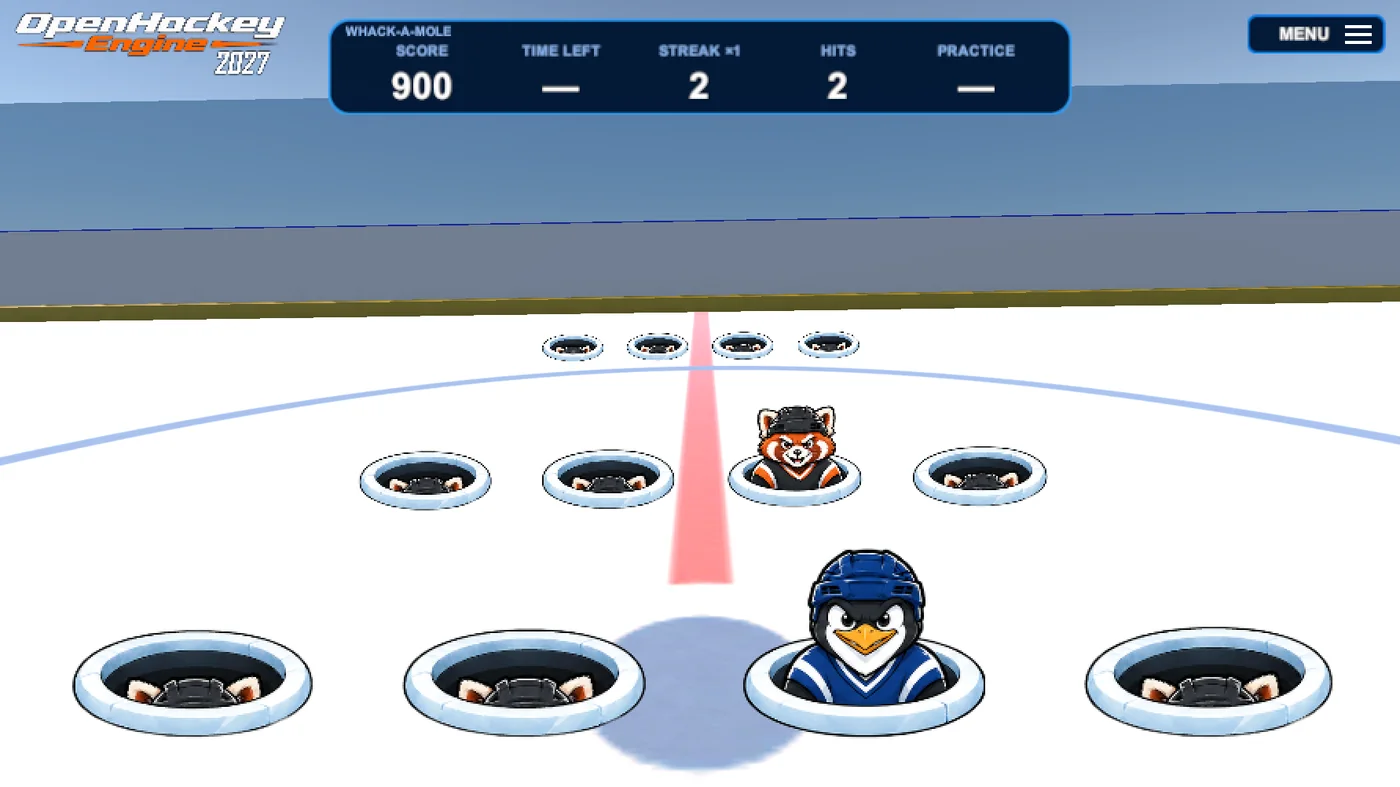 Whack-a-Mole with twelve holes laid out across the ice, a red panda and a cat popped up, and a scoreboard reading 1,200 points and a x2 streak.