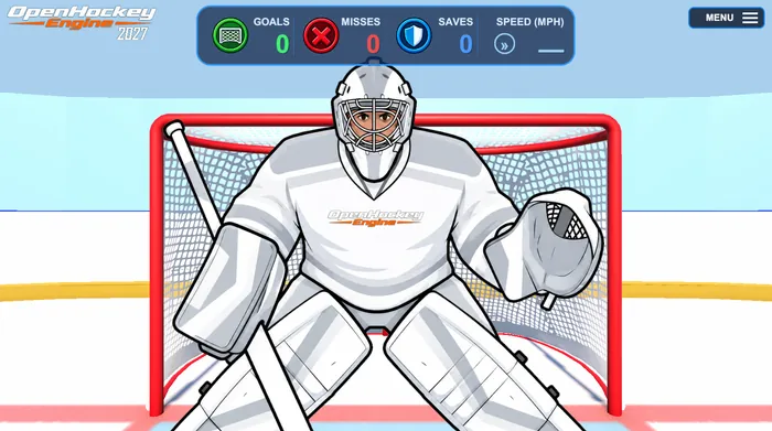 Free Shoot mode against a standing goalie, with a HUD showing goals, misses, saves, and puck speed.
