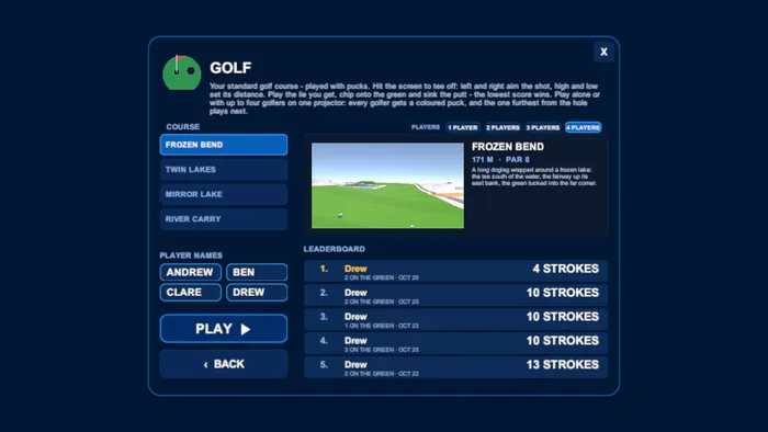 The golf game card: the course menu on the left, the PLAYERS switch in the course row's header, a name field per golfer under it, and the selected course's picture, facts, blurb and top-five strokes leaderboard on the right.