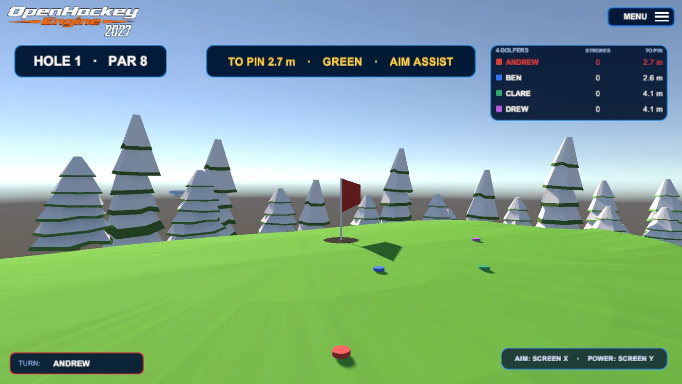 Four golfers on Frozen Bend's green: a red, blue, green and purple puck with a coloured ring each, and the roster showing all four names, their strokes and the distance each one still has to the hole.