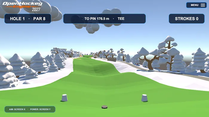 Golf on River Carry: a raised tee looking down a snowy valley fairway with pines and cottages either side.