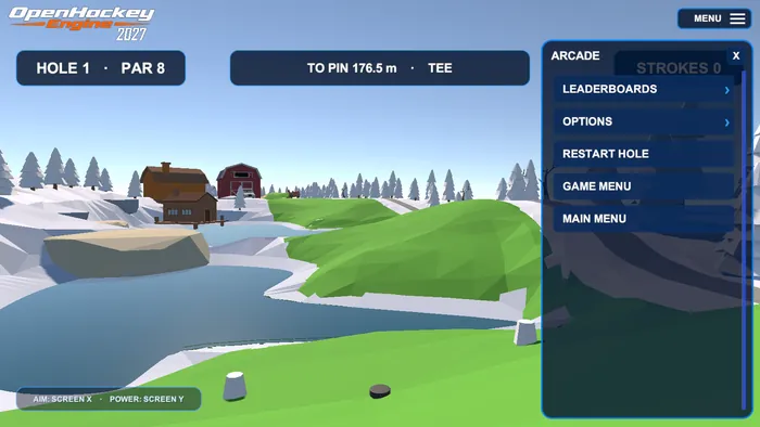 The arcade side menu during a round of golf, with LEADERBOARDS, OPTIONS, RESTART HOLE, GAME MENU and MAIN MENU over the course.