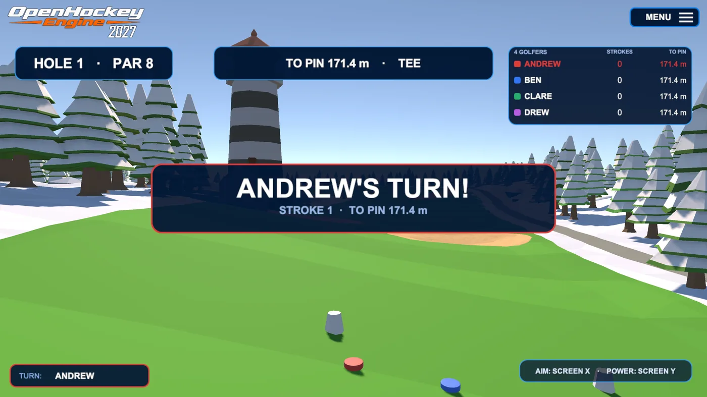 The turn banner over the tee announcing Andrew's turn, with the roster listing all four golfers and the puck in play.