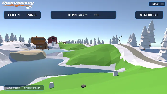 Golf on Twin Lakes: the puck on the tee, a frozen lake down the left of the fairway, and the HUD showing hole 1, par 8, and 176.5 m to the pin.