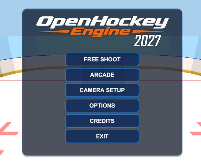 The OpenHockey Engine main menu with options for Free Shoot, Arcade, Camera Setup, Options, Credits, and Exit.