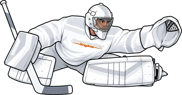 A goalie dropped low and reaching across the crease.