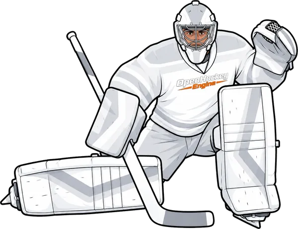 A goalie rotated to the side of the net, hugging the post.
