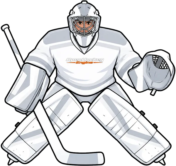 A goalie in a standing stance, square to the shooter with a high glove raised.